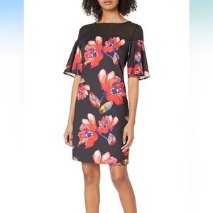 Trina Turk Dina Printed floral illusion dress with flared sleeves, size 6